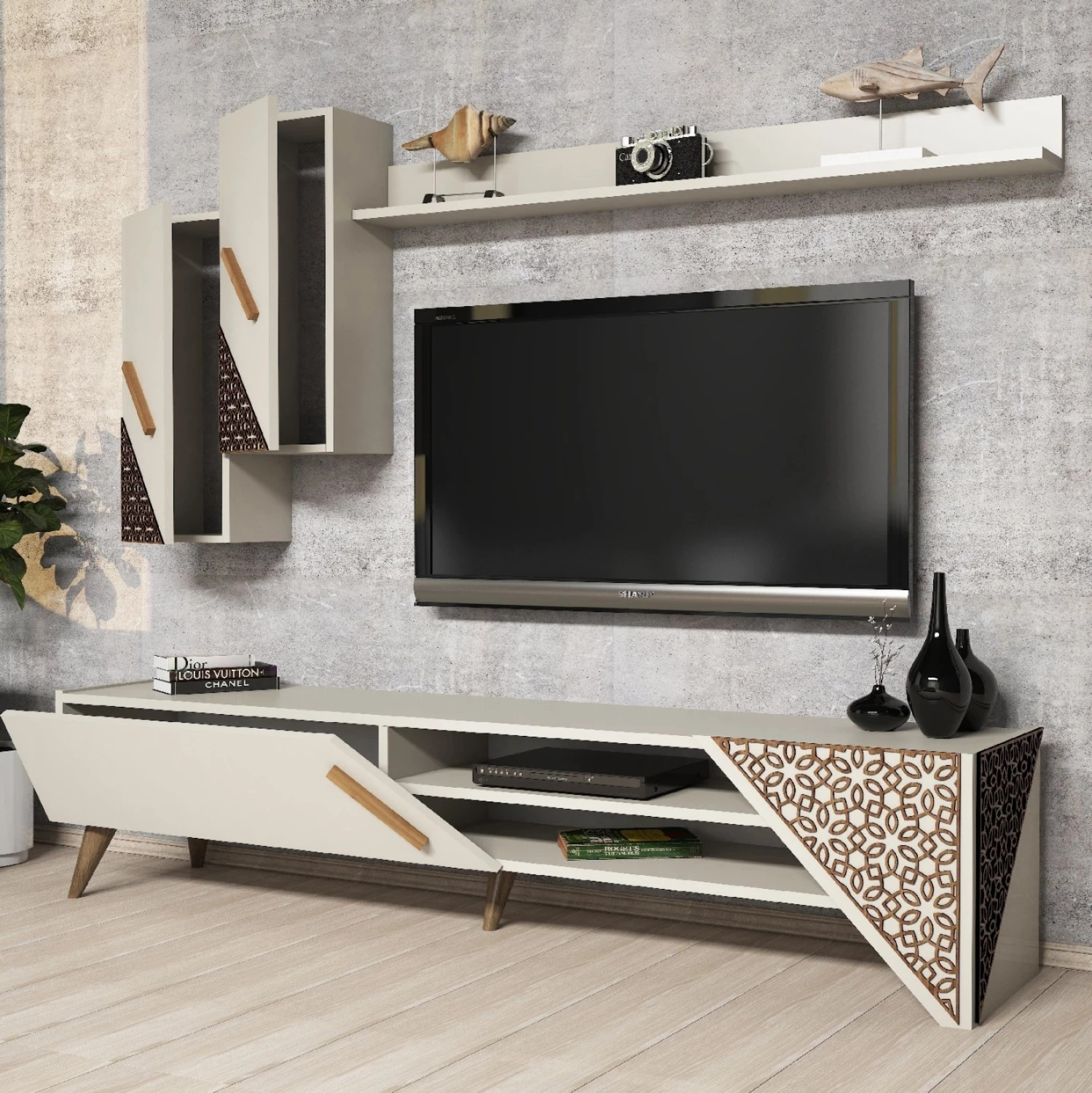Mobilje TV kombo FH9514.03 melamin ngjyrë krem 180x37x40Hcm