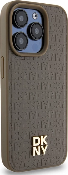 Mbështjellës DKNY Leather Monogram Pattern Metal Logo MagSafe për iPhone 15 Pro, Kafe