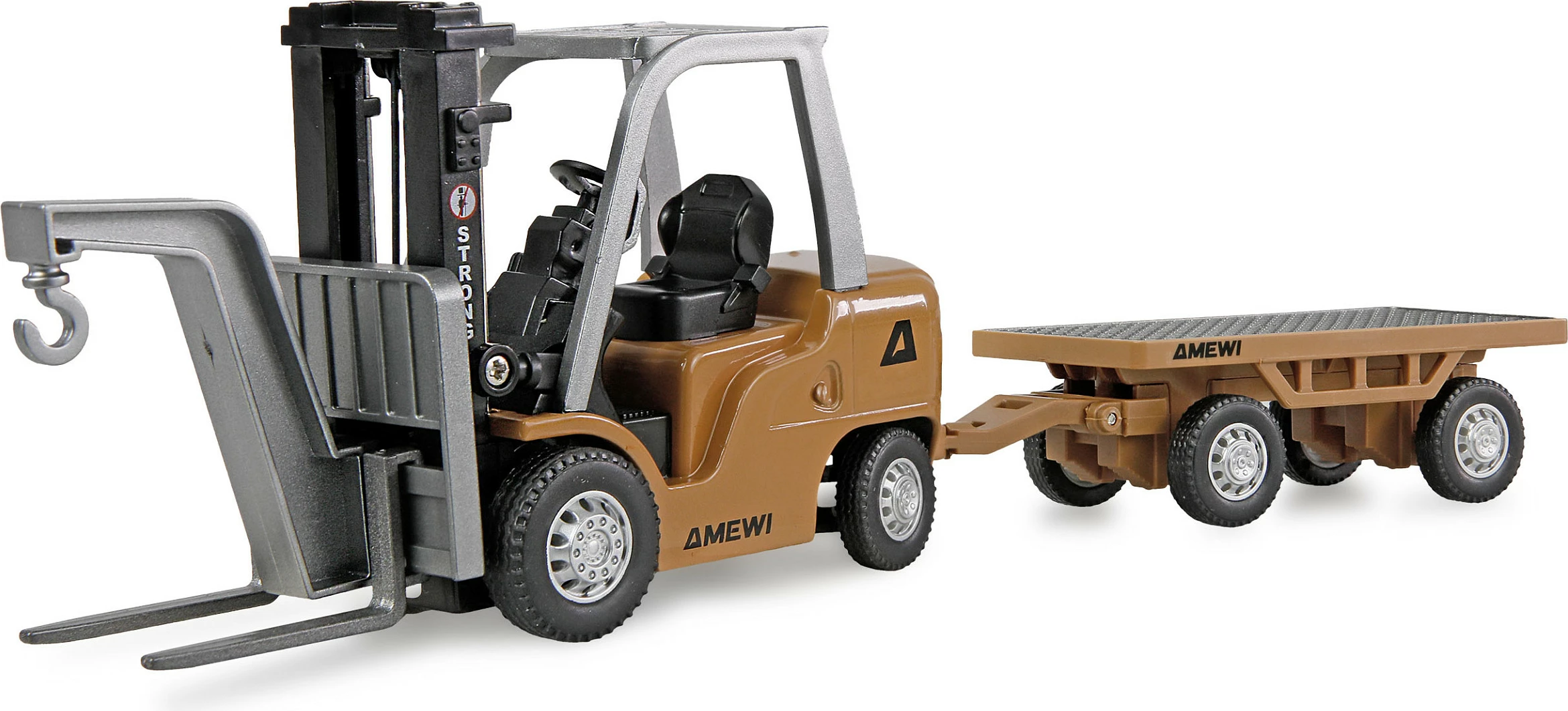 Forklift me telekomandë AMEWI Mini-Gabelstapler 1:64 RTR, me rimorkio, 8-kanalësh, 2.4 GHz, zi/gri/verdhe
