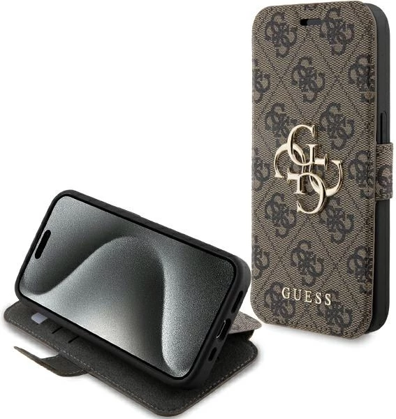 Mbështjellës Guess 4G Metal Logo për iPhone 15 Pro, kafe