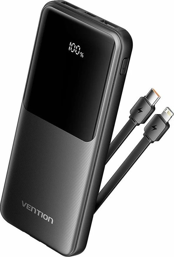 Powerbank Vention FHOB0 10000mAh 22.5W me display, me kabllo të integruara USB-C/Lightning, e zezë