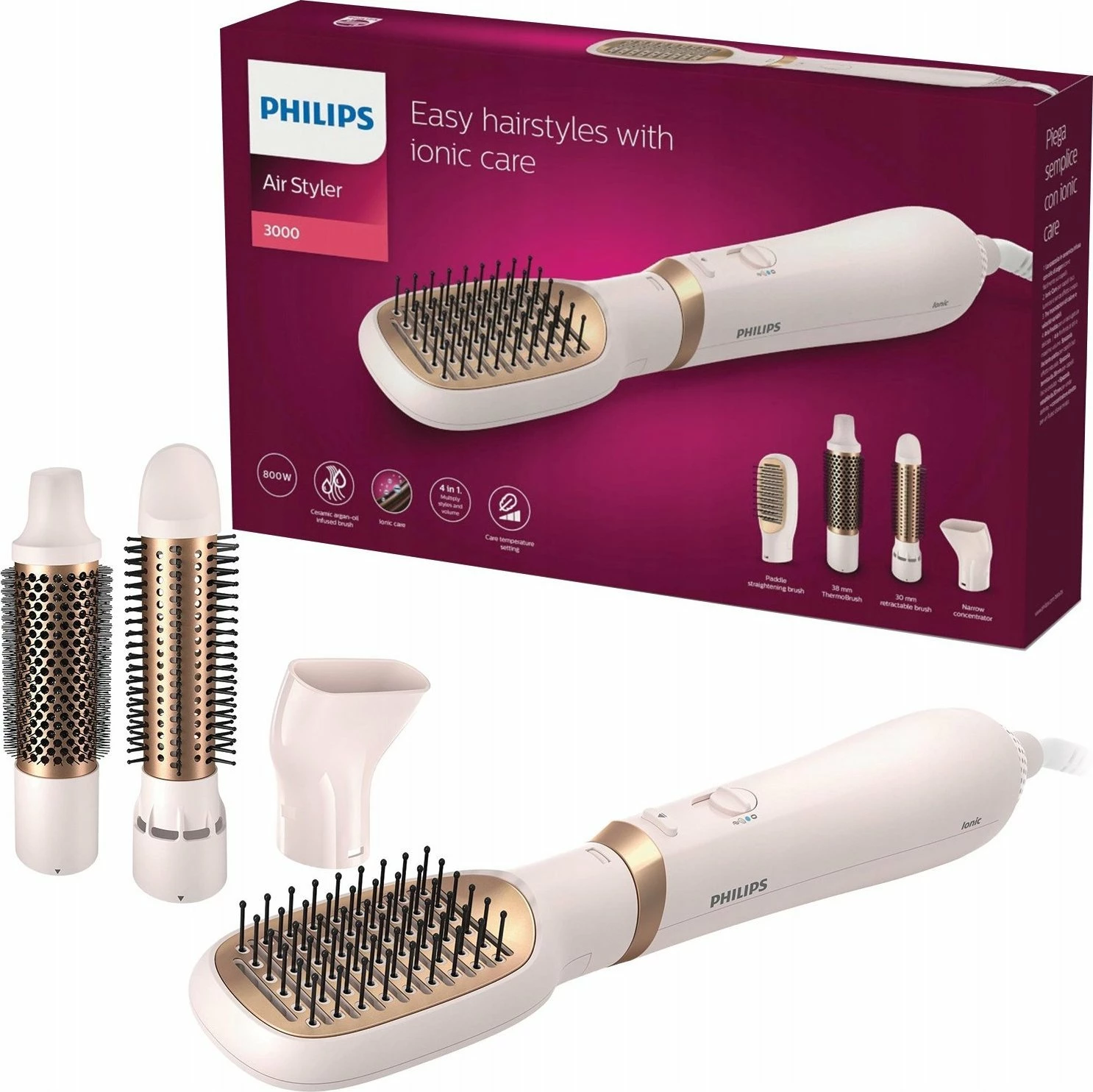 Stiler ajri 2-në-1 Philips BHA310/00 800W, ionizim, 3 nivele temperature/3 shpejtësi, set me 4 aksesorë, bezhë