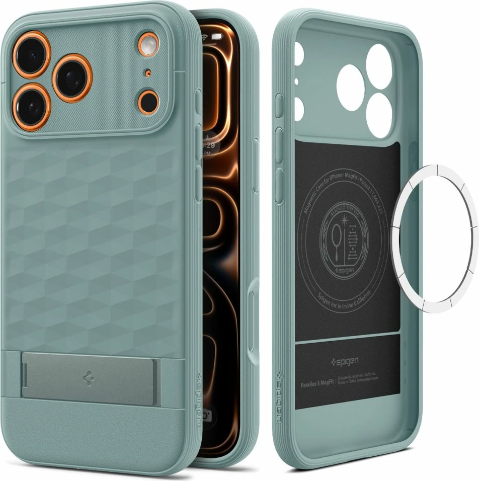 Mbështjellës Spigen Parallax S MagSafe për iPhone 17 Pro Max me stendë të palosshme, TPU, jeshile