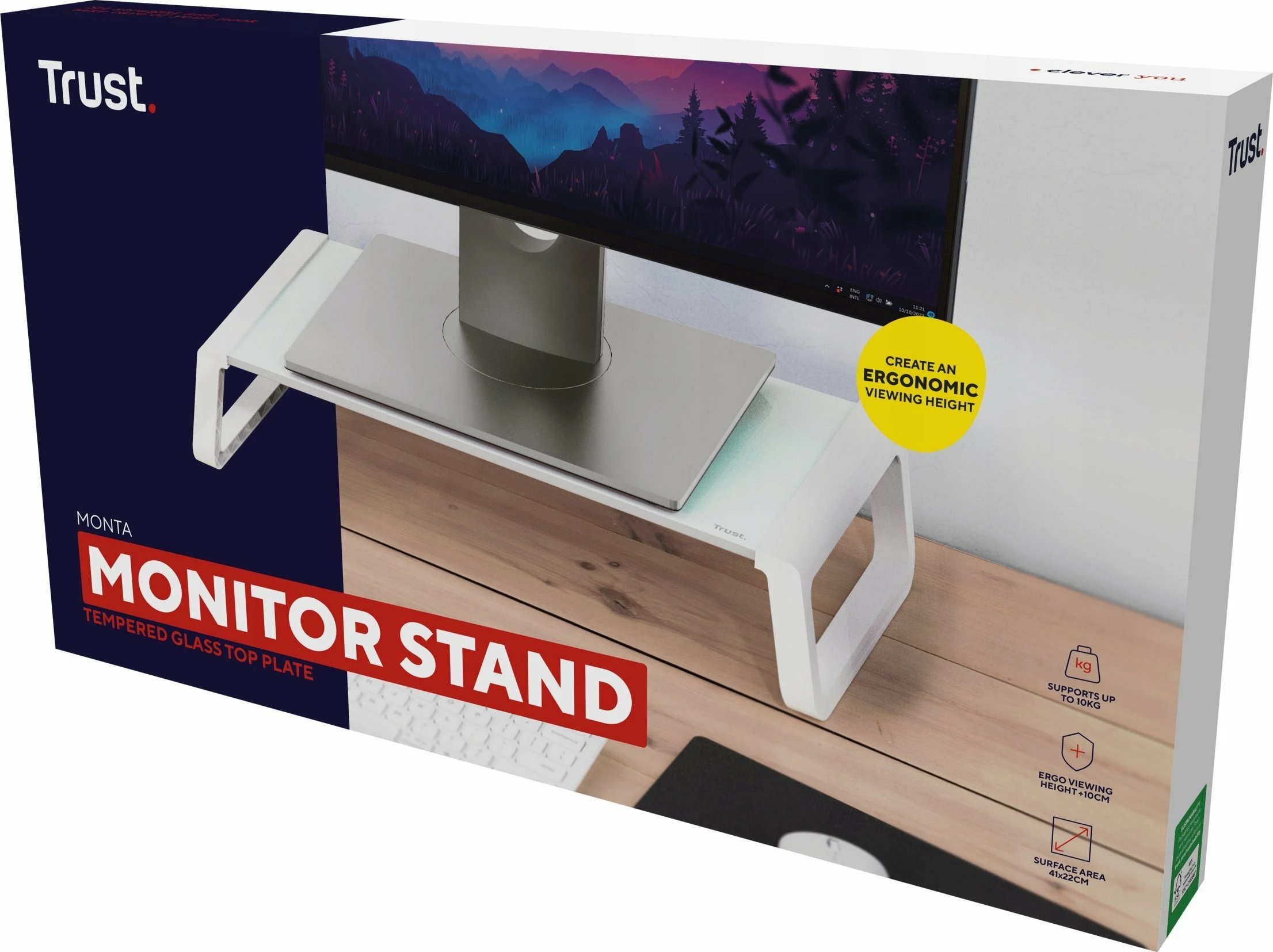 Mbajtëse monitori Trust MONTA GLASS 41.5 x 22.5 x 9.8 cm, e bardhë