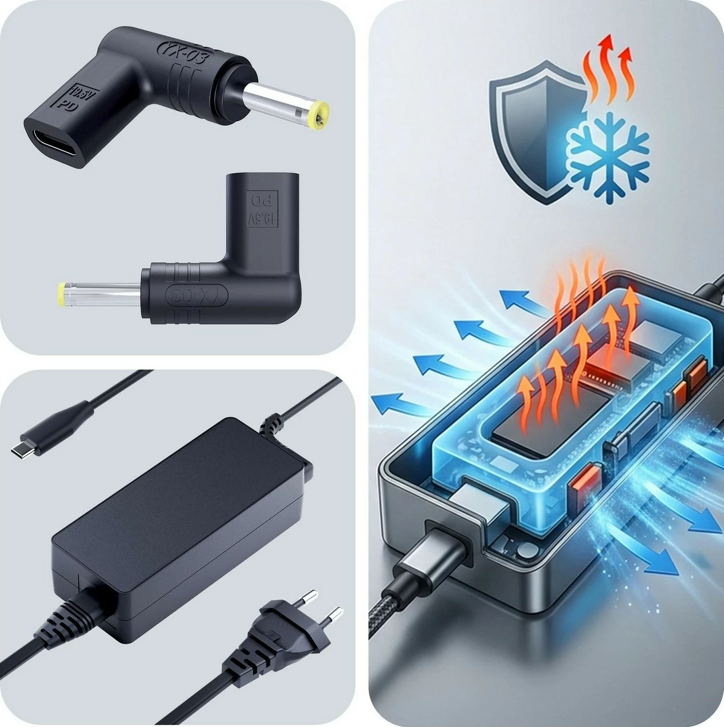 Karikues universal 3MK HARDY 65W për laptop Acer Asus Lenovo Toshiba Huawei HP, USB-C/DC, i zi