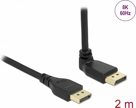 Kabllo DisplayPort DeLOCK 2 m, 8K 60Hz, DP 1.4, konektor 90° i kënduar, e zezë