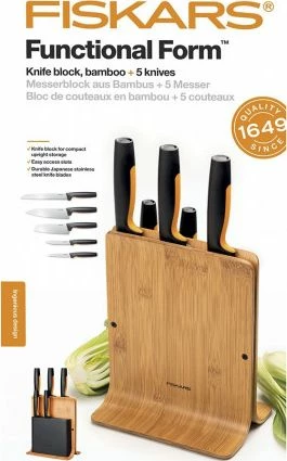 Set thikash kuzhine Fiskars Functional Form 1057552 me bllok bambuje, 5 copë, zi/portokalli