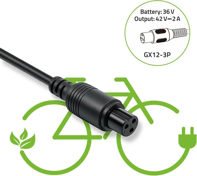 Karikues biçiklete elektrike, Qoltec, 52619, 42V 2A (84W), për bateri 36V, lidhës GX12-3Pin, IP54, me kabllo rryme, zi