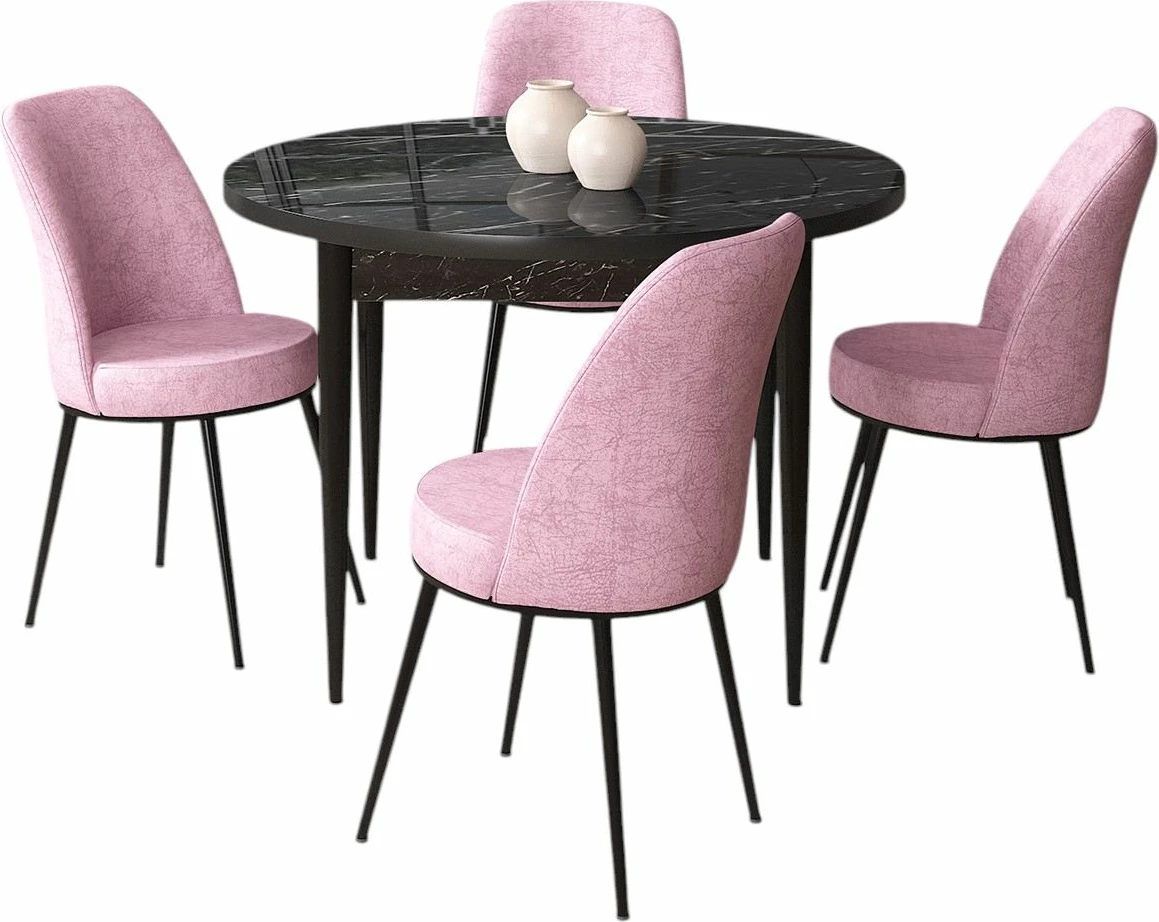 Tavolinë me karrige, 5 copë, Skye Decor, mermer i zi, karrige rozë