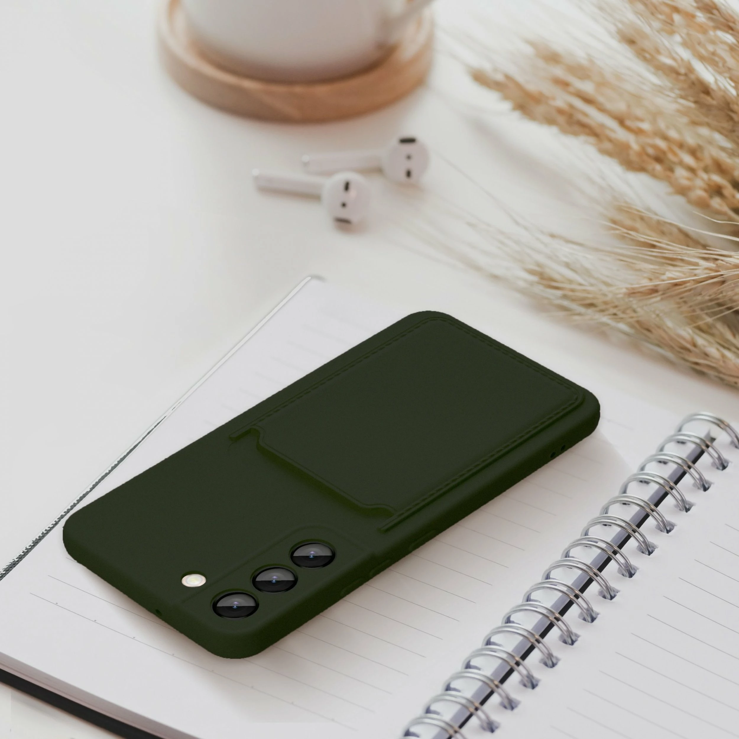 Mbështjellës OEM Forcell Card Case për Samsung Galaxy A14 5G / A14 4G, silikon, me xhep karte, mbrojtje kamere, me xham të kalitur H9 9H, set 2-në-1, e gjelbër