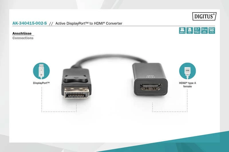 Adapter DisplayPort në HDMI Digitus AK-340415-002-S, 0.2m, i zi