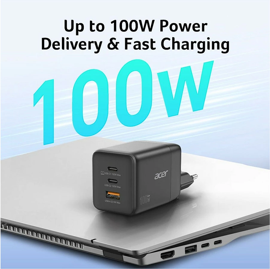 Karikues Acer GaN 100W, 2x USB-C + 1x USB-A, USB PD 3.0, i zi