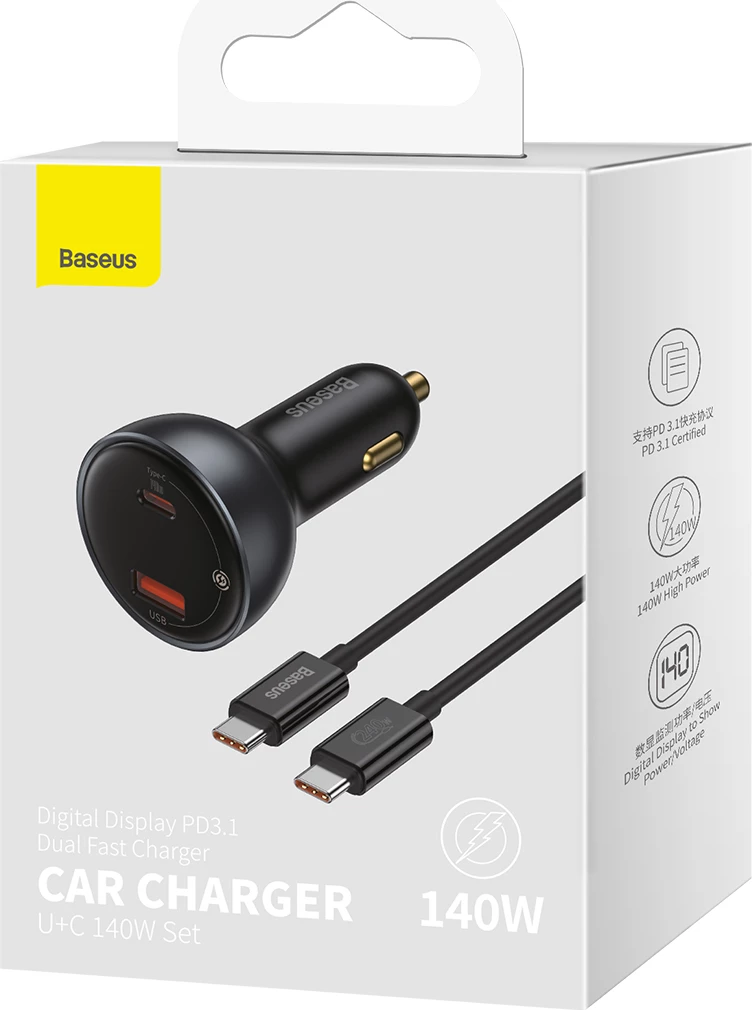 Karikues veture Baseus CGZX070001 me ekran digjital, 140W, USB-A/USB-C, me kabllo USB-C 1m, zi