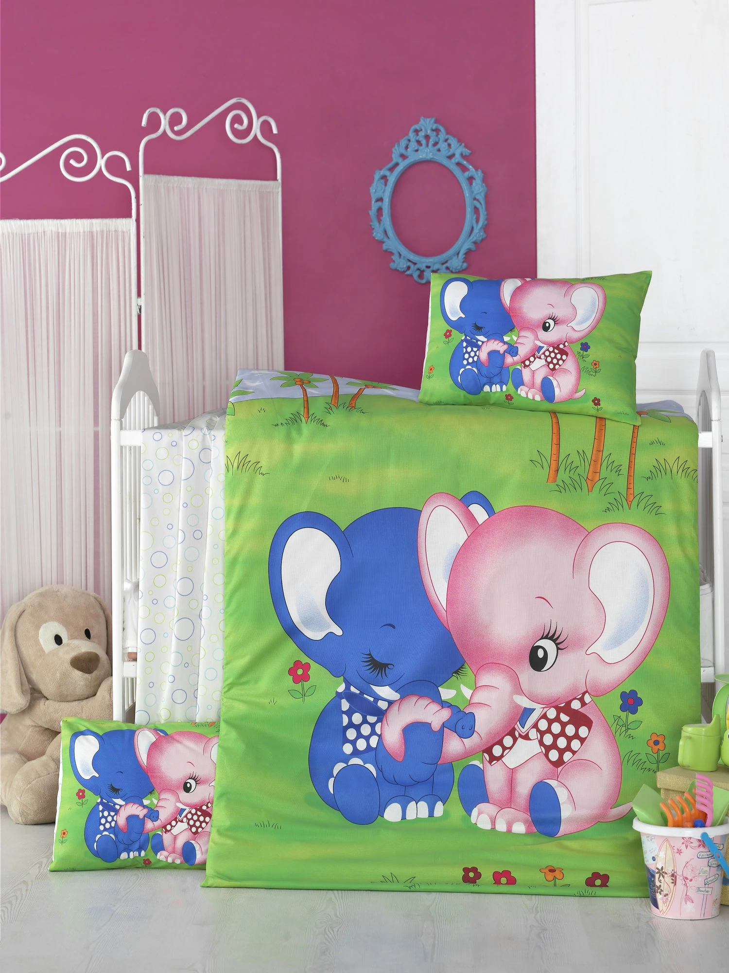 Set mbulesash për krevat fëmijësh, pambuk ranforce, dizajn elefant, jeshile/blu/rozë/bardhë, L'essentiel