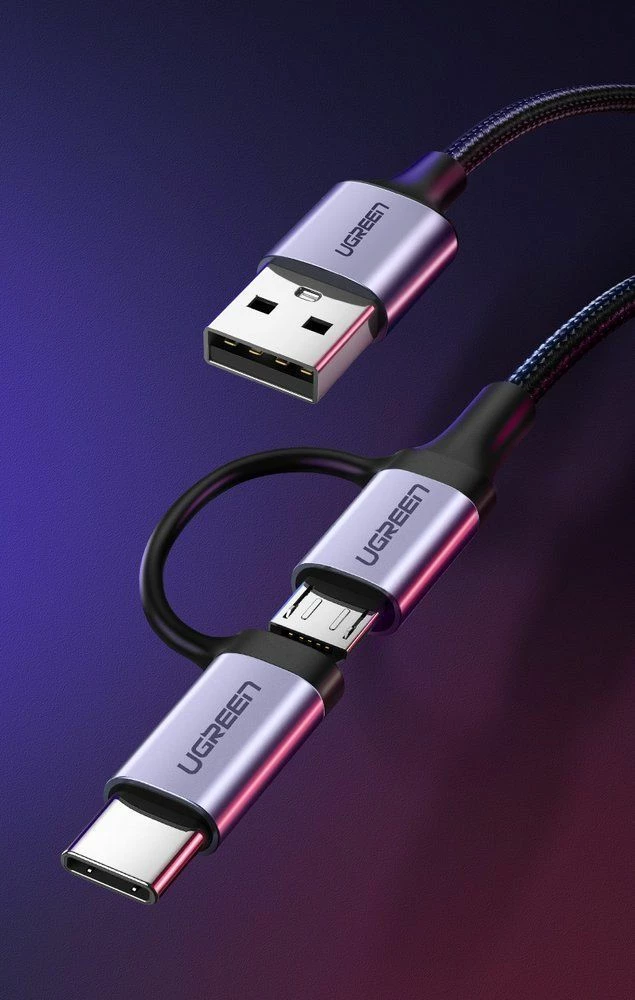 Kabllo USB Ugreen 30875 1 m, USB-A në microUSB + USB-C, 2.4A, e zezë
