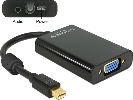 Adapter DeLOCK 65598 Mini DisplayPort në VGA me audio 3.5mm, 0.08 m, i zi