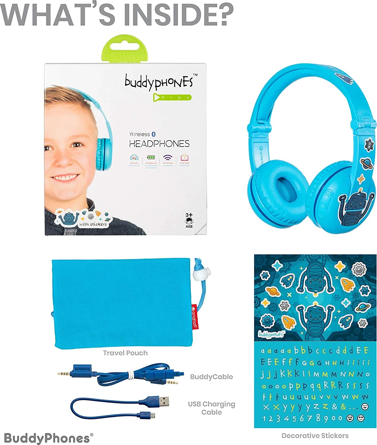 Kufje Bluetooth Buddyphones Play, stereo, 3.5mm, 14 orë bateri, blu