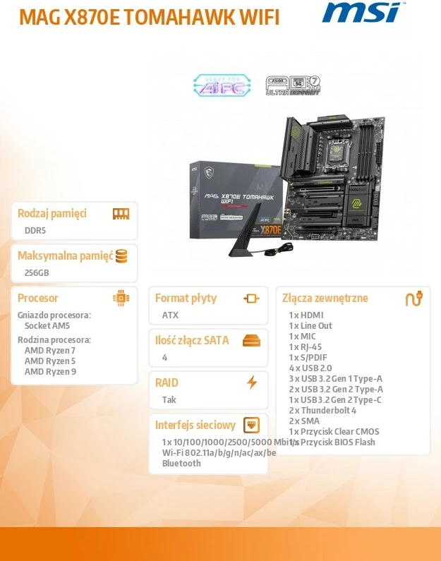 Pllakë amë MSI MAG X870E TOMAHAWK WIFI, Socket AM5, DDR5, ATX, E zezë