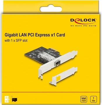 Kartë rrjeti PCIe DeLOCK Intel i210, 1x SFP, Gigabit 1000 Mbit/s, e brendshme, e zezë