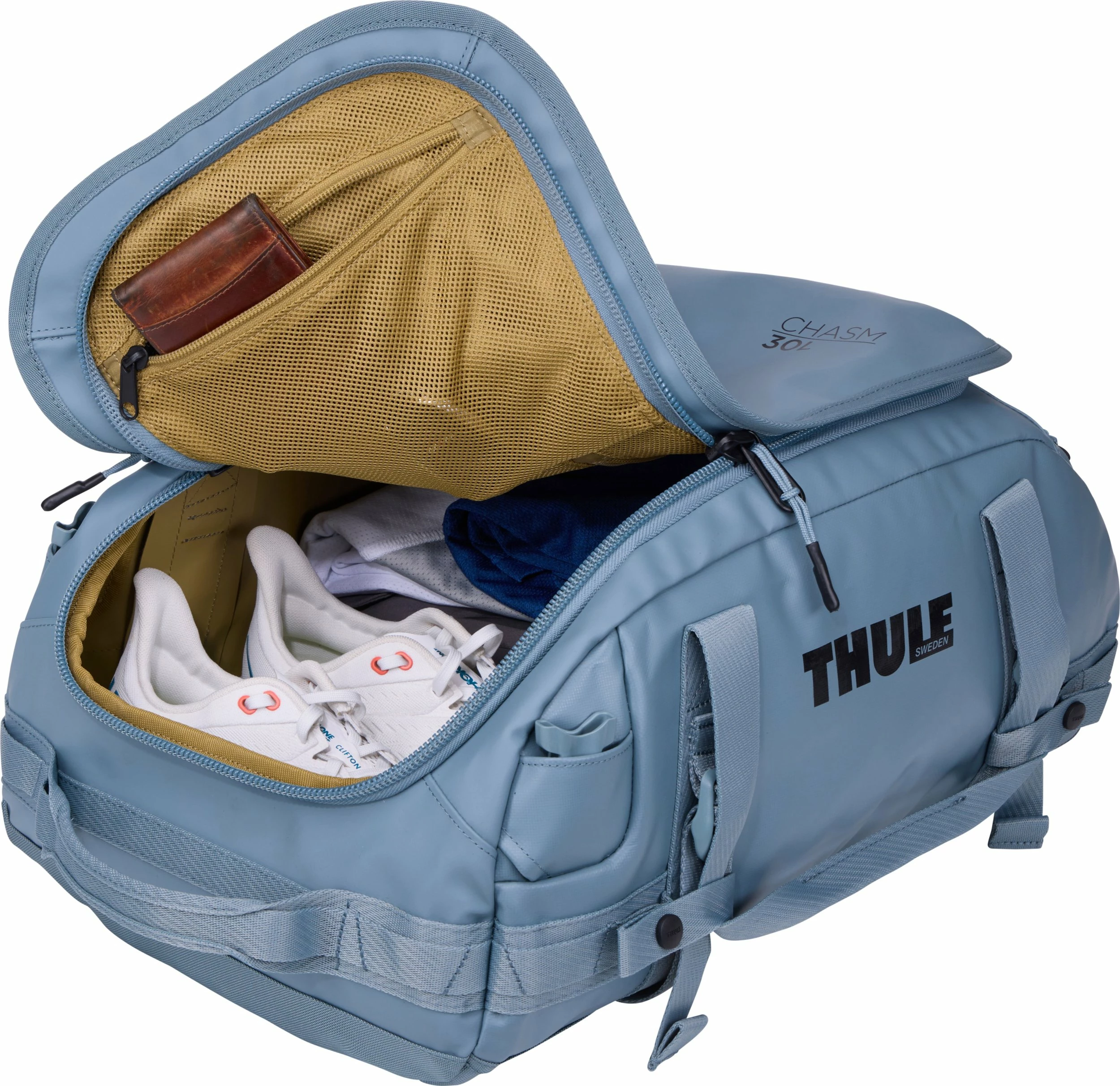 Çantë udhëtimi/duffel Thule Chasm 30L, 2-në-1 duffel + backpack, waterproof, poliester i ricikluar, Pond Gray
