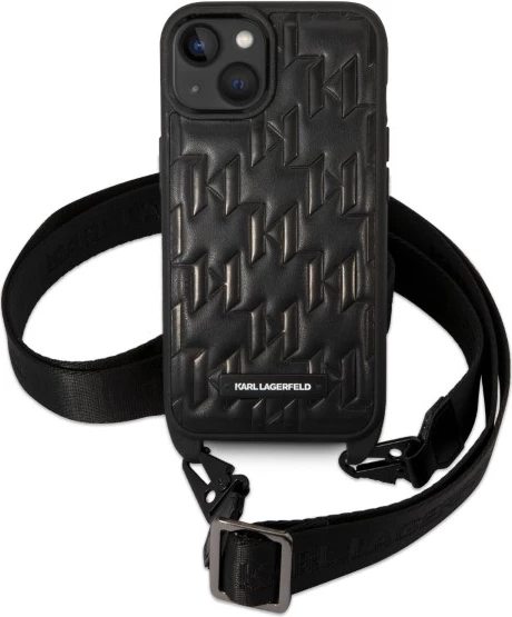 Mbështjellës Karl Lagerfeld Monogram Plaque Logo për iPhone 14/15/13 6.1", i zi me rrip