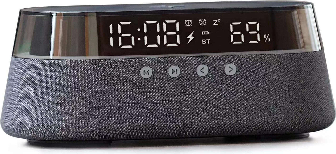 Altoparlant Bluetooth Moye Hemera 15W, orë alarmi me FM radio, dritë nate RGB, karikim pa kabllo Qi 5-15W, bateri 1800mAh, USB-C, zi/gri