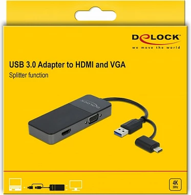 Adapter USB DeLOCK 64085, USB 3.2 Gen1 Type-A/USB-C në HDMI + VGA, 4K, i zi