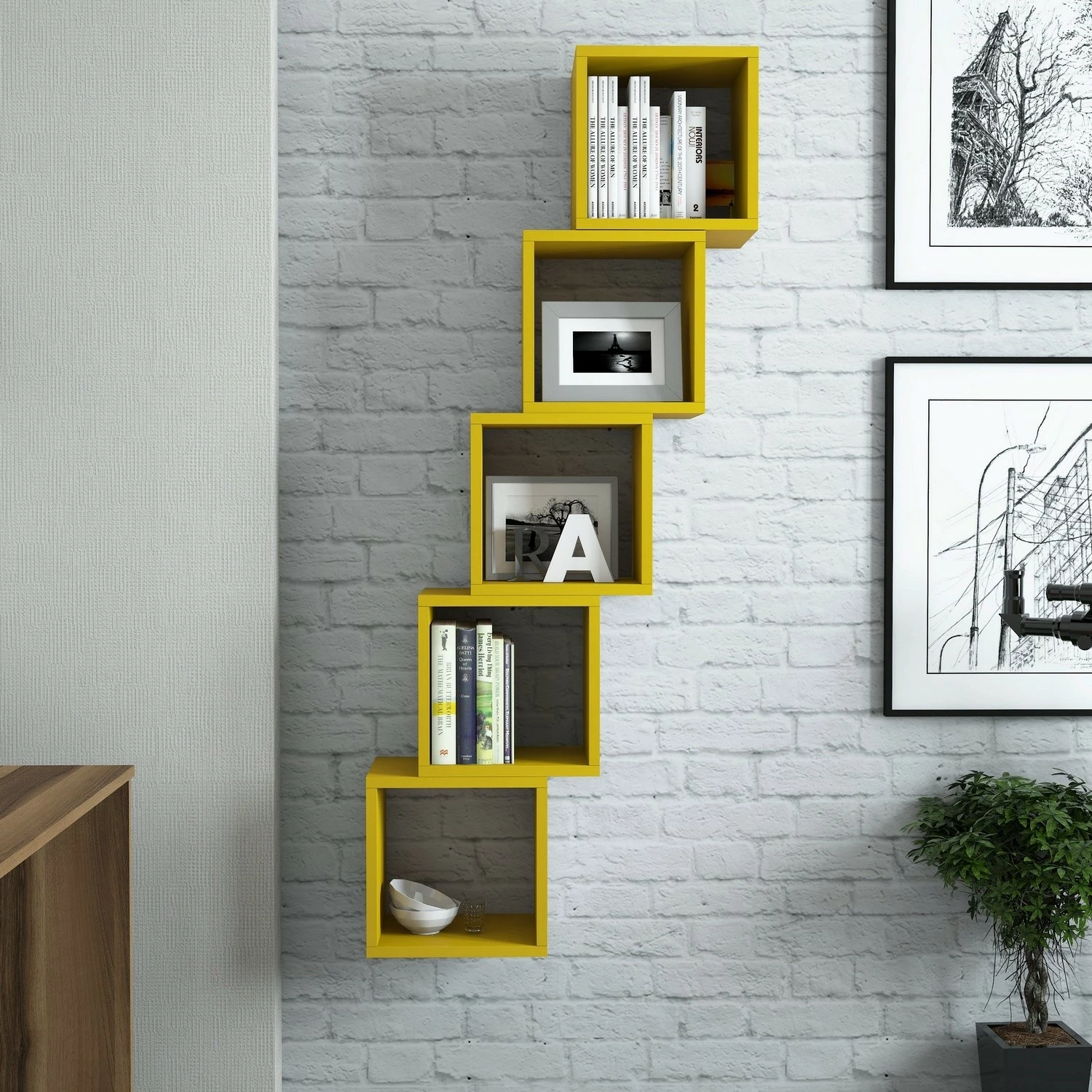 Raft muri, ngjyrë e verdhë, Skye Decor, 5 copë
