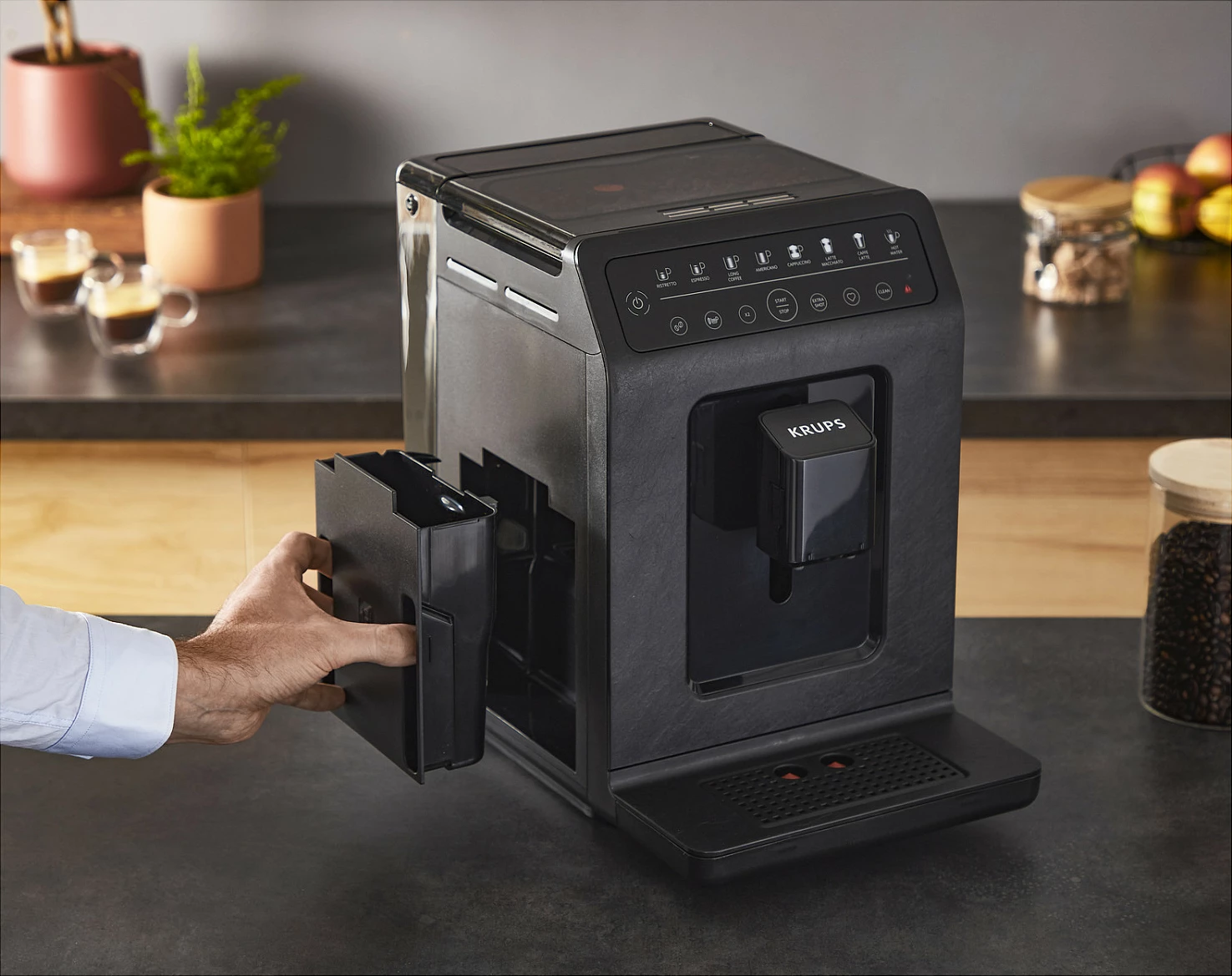 Aparat kafeje fully-automatik Krups Evidence ECOdesign, me mulli të integrum, 260 g, 2 filxhana, Slate