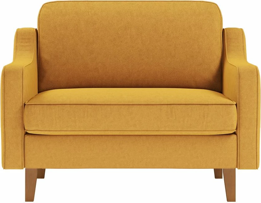 Divan një vendësh Robin, kadife ngjyrë mustard, këmbë dru arre