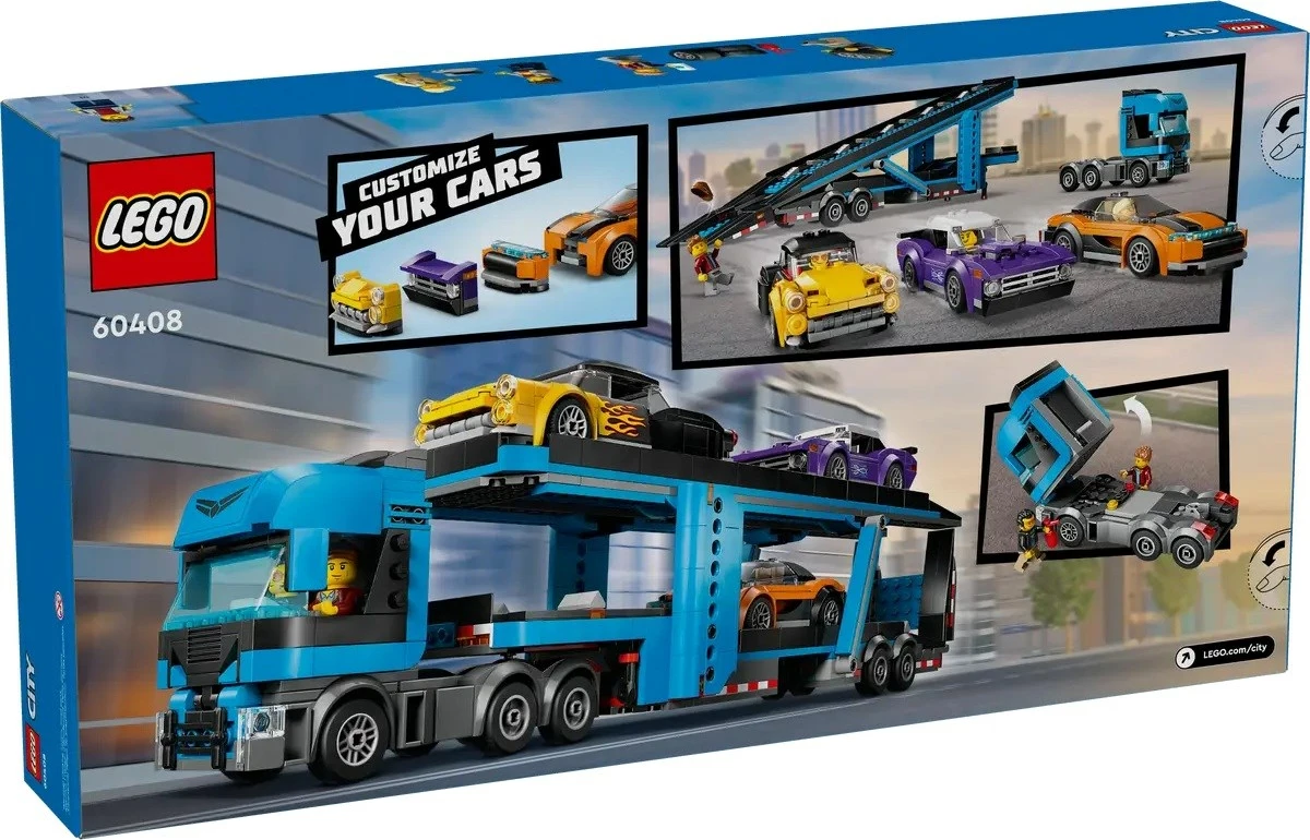 Set LEGO CITY 60408 kamion transportues makinash me makina sportive, 4 minifigura