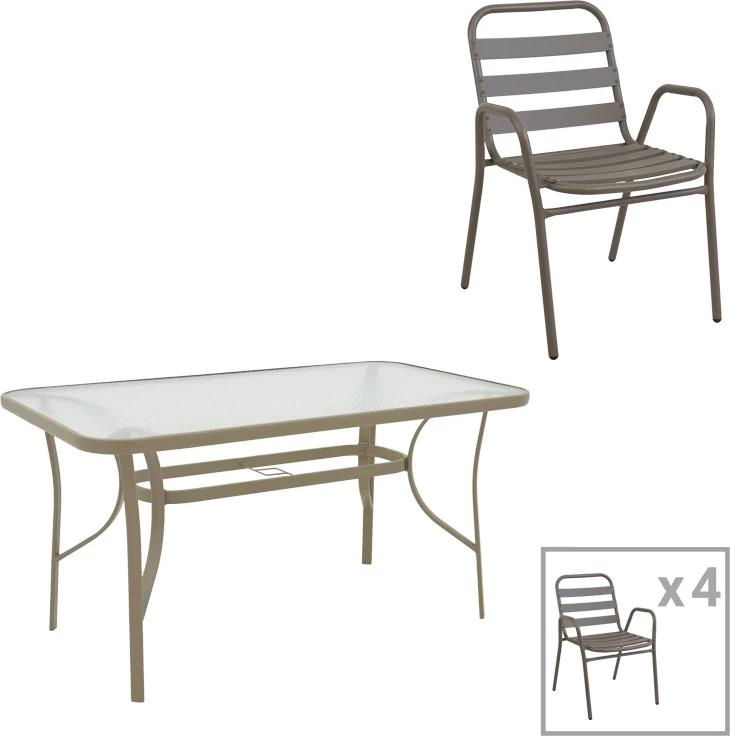 Tavolinë me karrige për terasë Sussie-Ensure, metal e xham, ngjyrë shampanje, 5 copë, 140x80x70cm