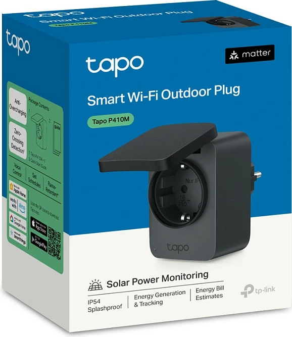 Prizë smart TP-Link Tapo P410M, outdoor, Wi‑Fi, Matter, IP54, 16A, e zezë