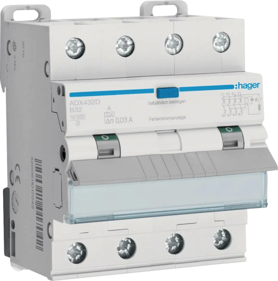 Ndërprerës diferencial automatik Hager ADX432D, 4P, B32A, 30mA, Tip A, 10kA, i bardhë