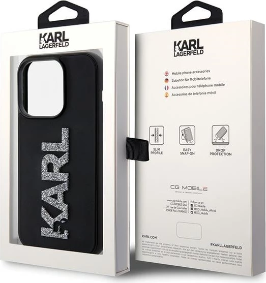 Mbështjellës Karl Lagerfeld 3D Rubber Glitter Logo për iPhone 15 Pro Max, zi