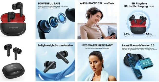 Kufje TaoTronics TT-BH1120 TWS Bluetooth 5.3, 10 mm, IPX5, 30 orë me kuti karikimi, e zezë/kuqe