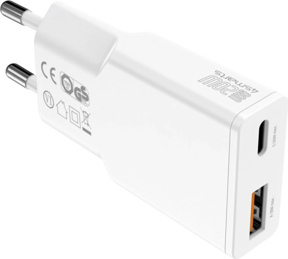 Karikues rrjeti 4smarts PDPlug Slim Duos 20W GaN, 1x USB-C + 1x USB-A, kabllo USB-C 1.5m, i bardhë