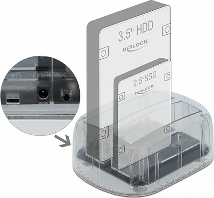 Docking station DeLOCK USB-C për 2x SATA HDD/SSD 2.5/3.5", USB 3.2 Gen 1, transparente