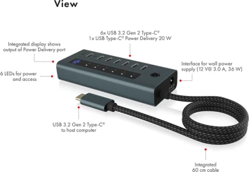 USB-C hub ICYBOX IB-HUB1457-C31 7-port USB 3.2 Gen 2 10 Gbit/s me PD 20 W, gri/blu