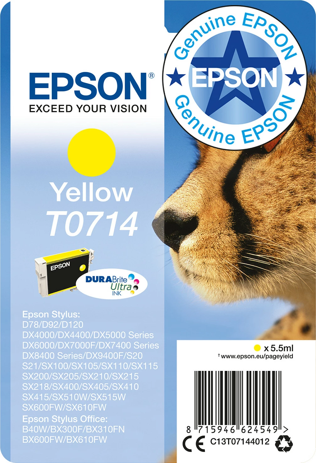 Toner Epson Singlepack Yellow T0714 DURABrite Ultra, Standard Yield, 5.5 ml, Verdhë