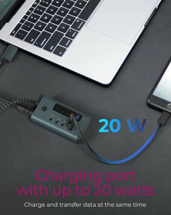 USB-C hub ICYBOX IB-HUB1454-C31, 4 porta, USB 3.2 Gen 2 10 Gbit/s, USB-C PD 20W, kabllo 60 cm, kasë alumini, gri/kaltër