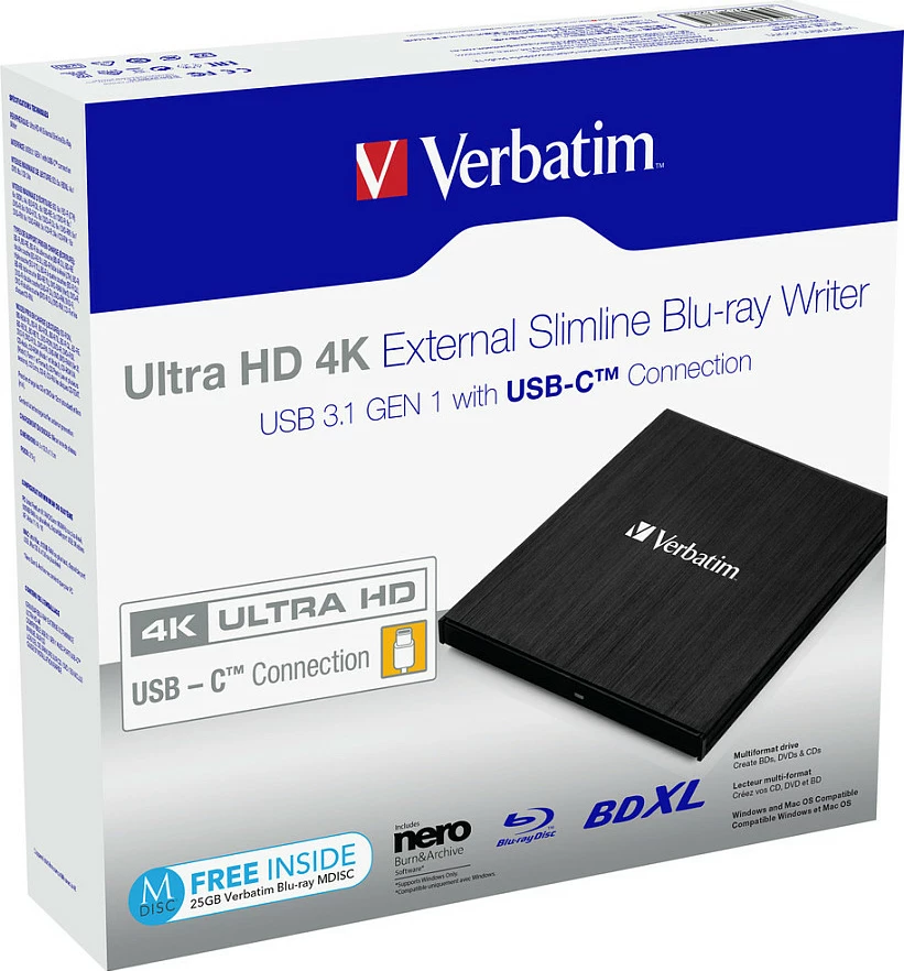 Drive i jashtëm Blu-ray/DVD Verbatim 43888, top-loading, USB-A në USB-C, i zi