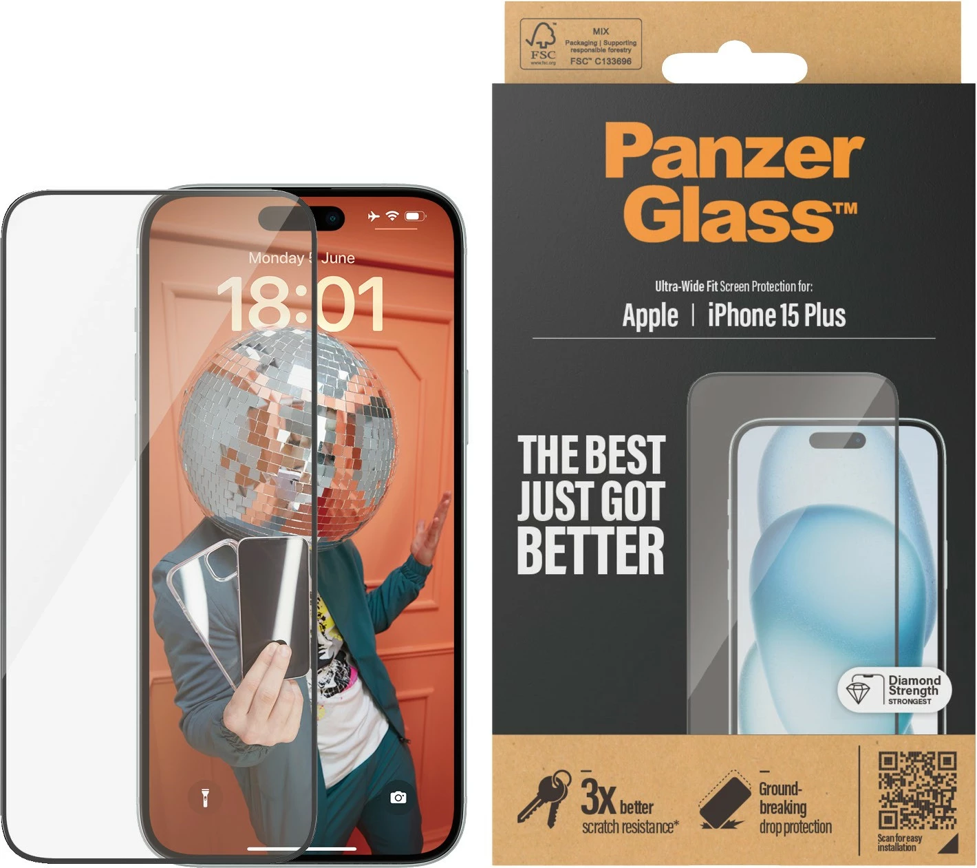 Mbrojtës ekrani PanzerGlass për iPhone 15 Plus, transparent