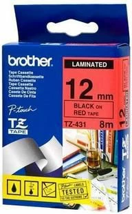 Kasetë shiriti etikete Brother TZe-431 12 mm e laminuar, 8 m, e kuqe me shkrim të zi