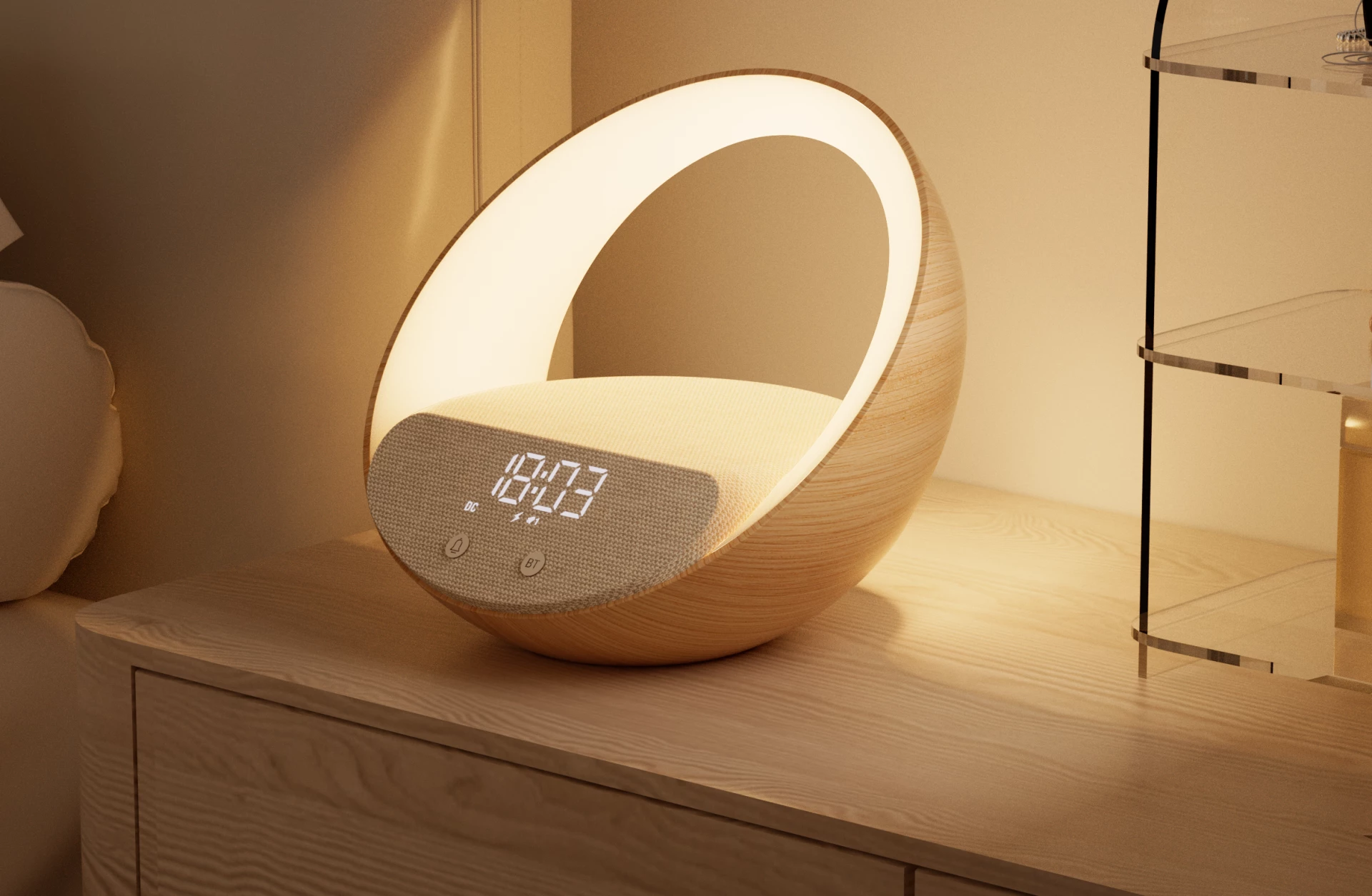 Llambë nate Moye Aurora Glow, orë me alarm, altoparlant Bluetooth 2x5W, karikim pa kabllo Qi deri 15W, bateri 2400mAh, finish imitim druri