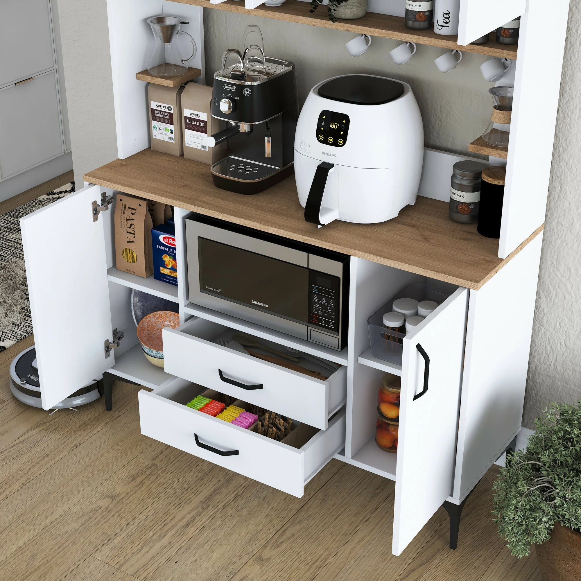 Dollap multifunksional Hanah Home, JE168 - 3257, ngjyrë e bardhë dhe arre