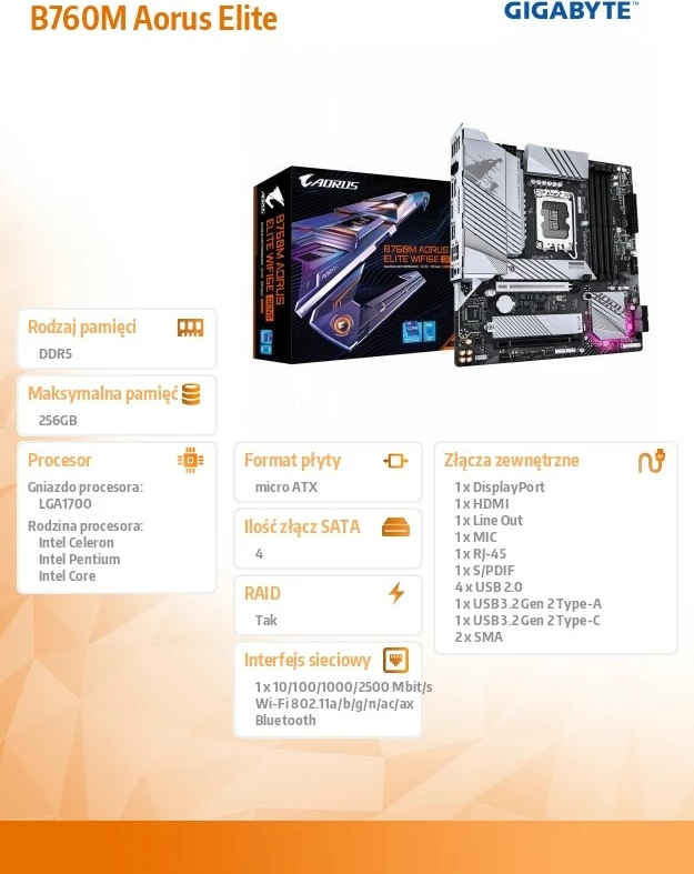 Pllakë amë, Gigabyte, B760M AORUS ELITE WiFi6E GEN5, LGA1700, 4x DDR5, PCIe 5.0, 2x M.2, LAN 2.5GbE, Wi‑Fi 6E, mATX