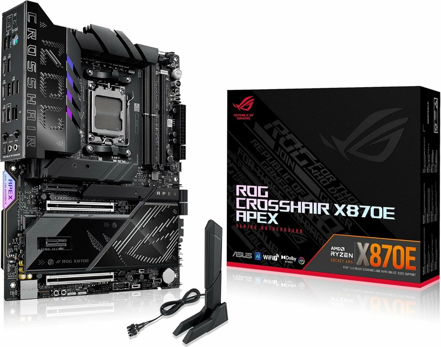 Pllakë amë Asus ROG Crosshair X870E Apex AM5 ATX DDR5 Wi‑Fi 7, e zezë, me antenë WiFi dhe fan kit