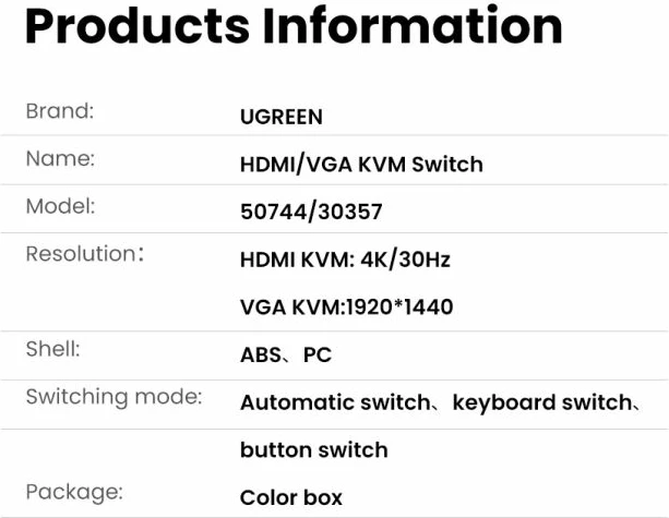 Switch KVM HDMI UGREEN 50744 2x1 4K@30Hz me hub 4xUSB 2.0, i zi, në kuti