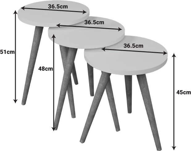 Tavolina anësore Perjene set prej 3 copash melaminë, ngjyrë e bardhë dhe këmbë druri